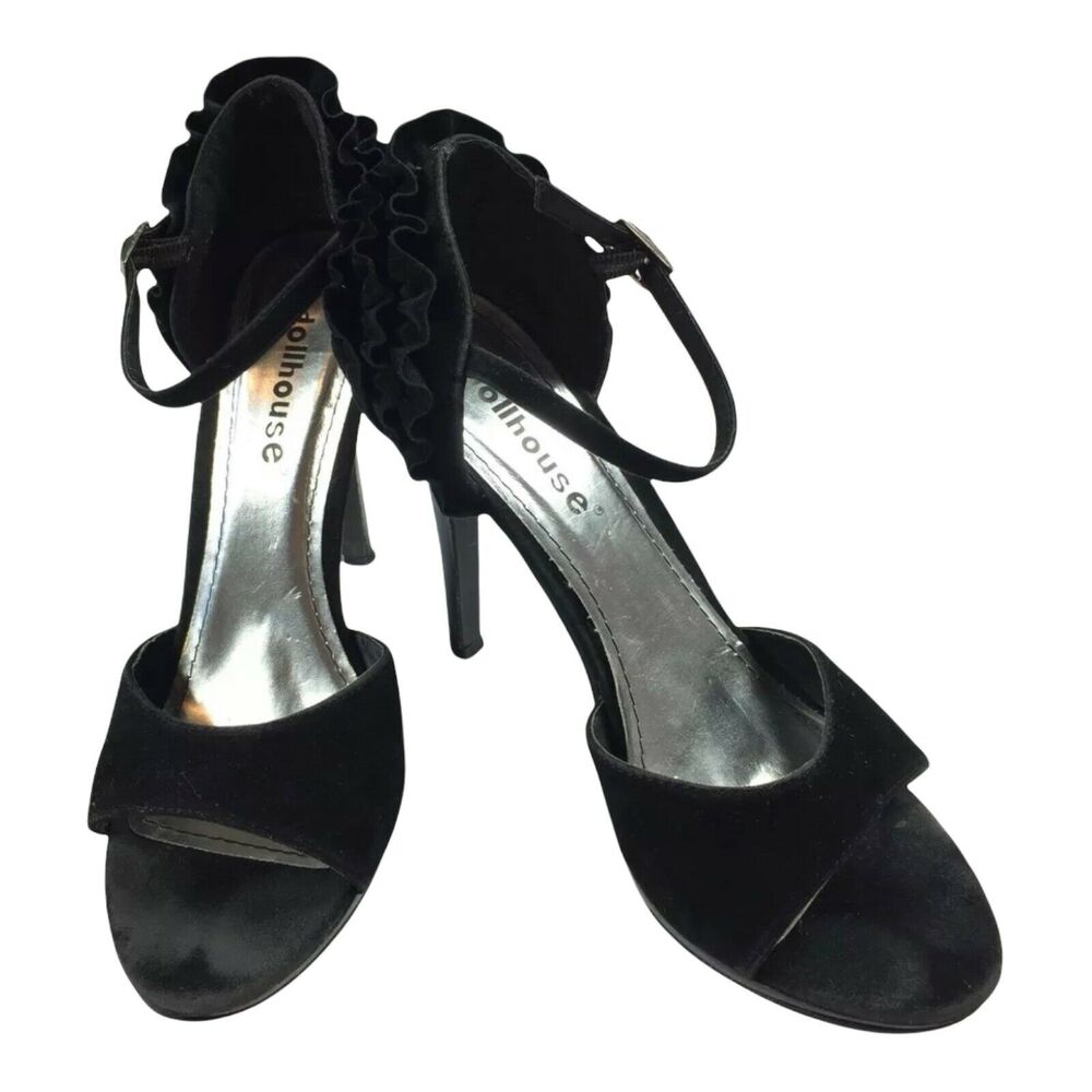 Dollhouse Maneater Heels Size 8.5 Sexy Black Ruffle Open Toe Pumps Womens 8 1/2